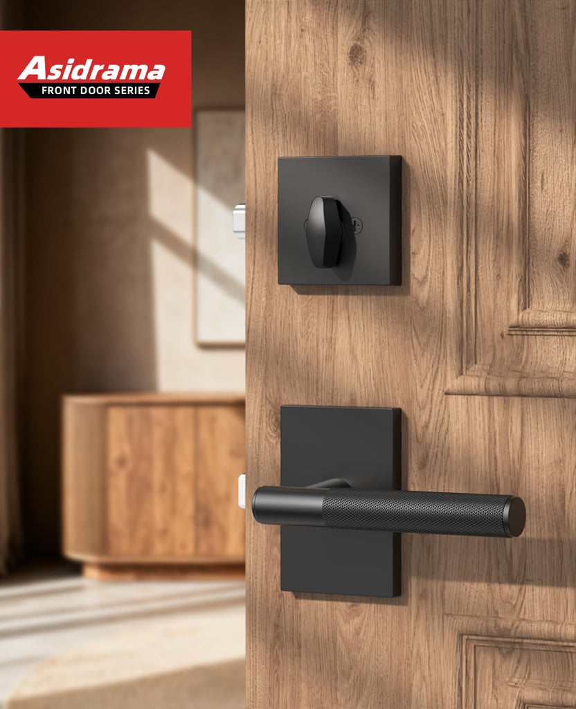 Matte Black Solid Heavy-Duty Knurled Front Door Handle Set with Deadbolt, Architectural Grade Modern Entry Door