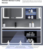 55IN Double Sink Vanity, 4 Drawers, Two LED Smart Touch Mirror Cabinets, Open Center Compartment, Body Sensor Lights
