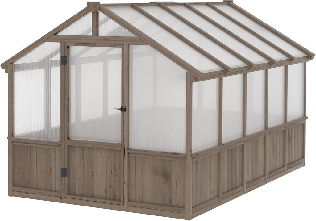 8x10FT Greenhouses for Outdoors, Walk-in Wooden Greenhouse with Cedar Frame & Adjustable Vent, Garden Green House