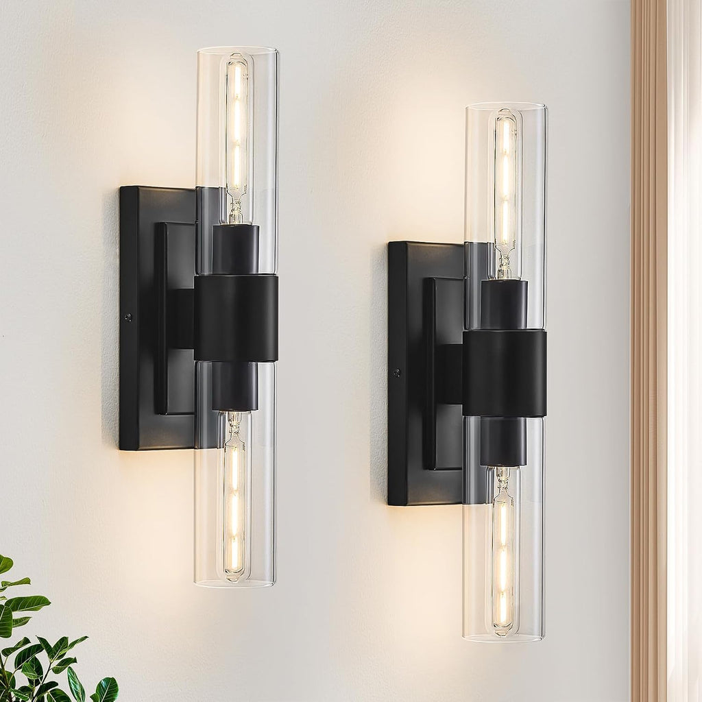 Black Wall Sconces Set of Two,Modern Bathroom Light Fixtures,2-Light Sconces Wall Lighting with Thickened Tempered
