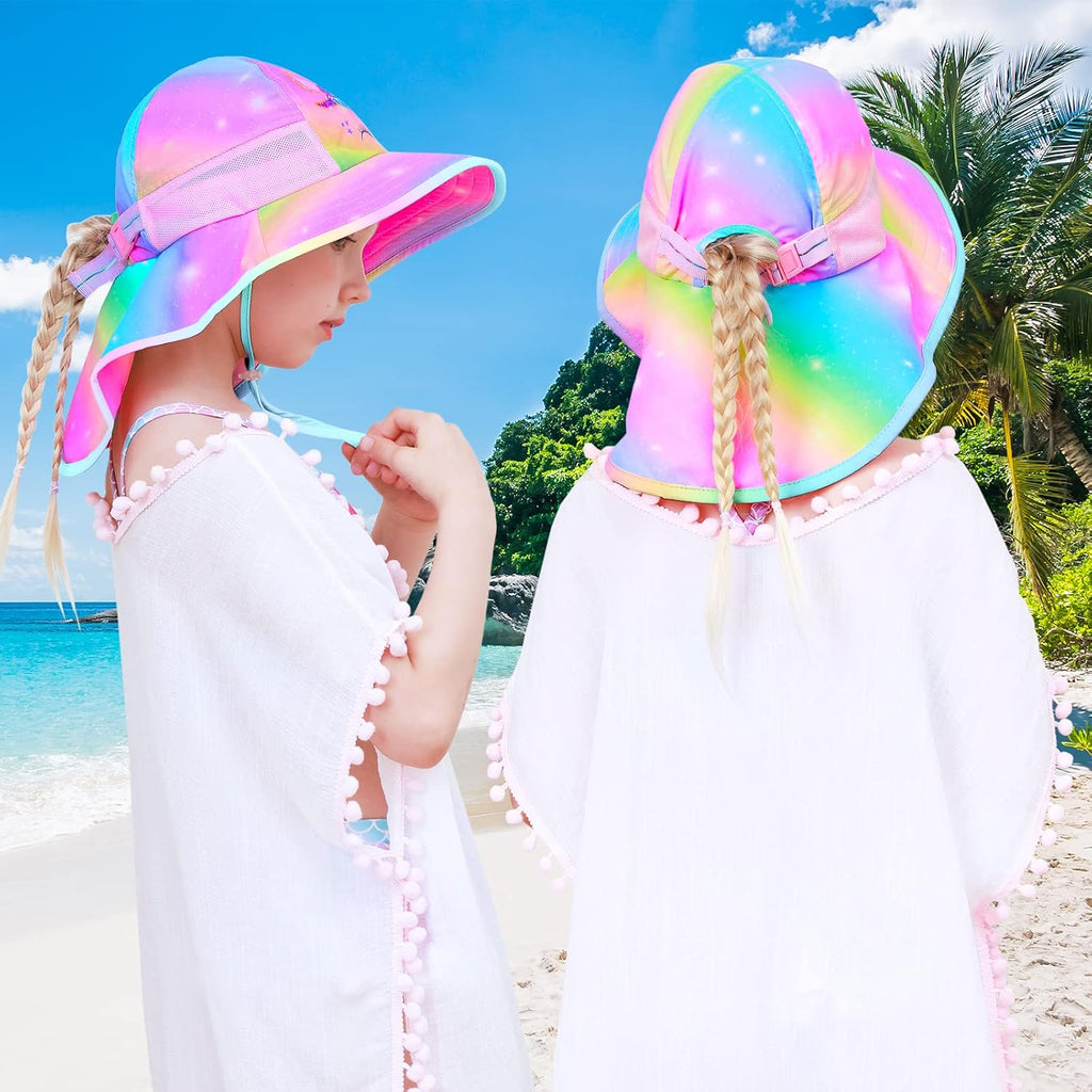 Kids Sun Hat Anti-UV Girls Boys Wide Brim Neck Flap UPF 50+ Sun Protection Beach Hat with Adjustable Chin Strap Ages