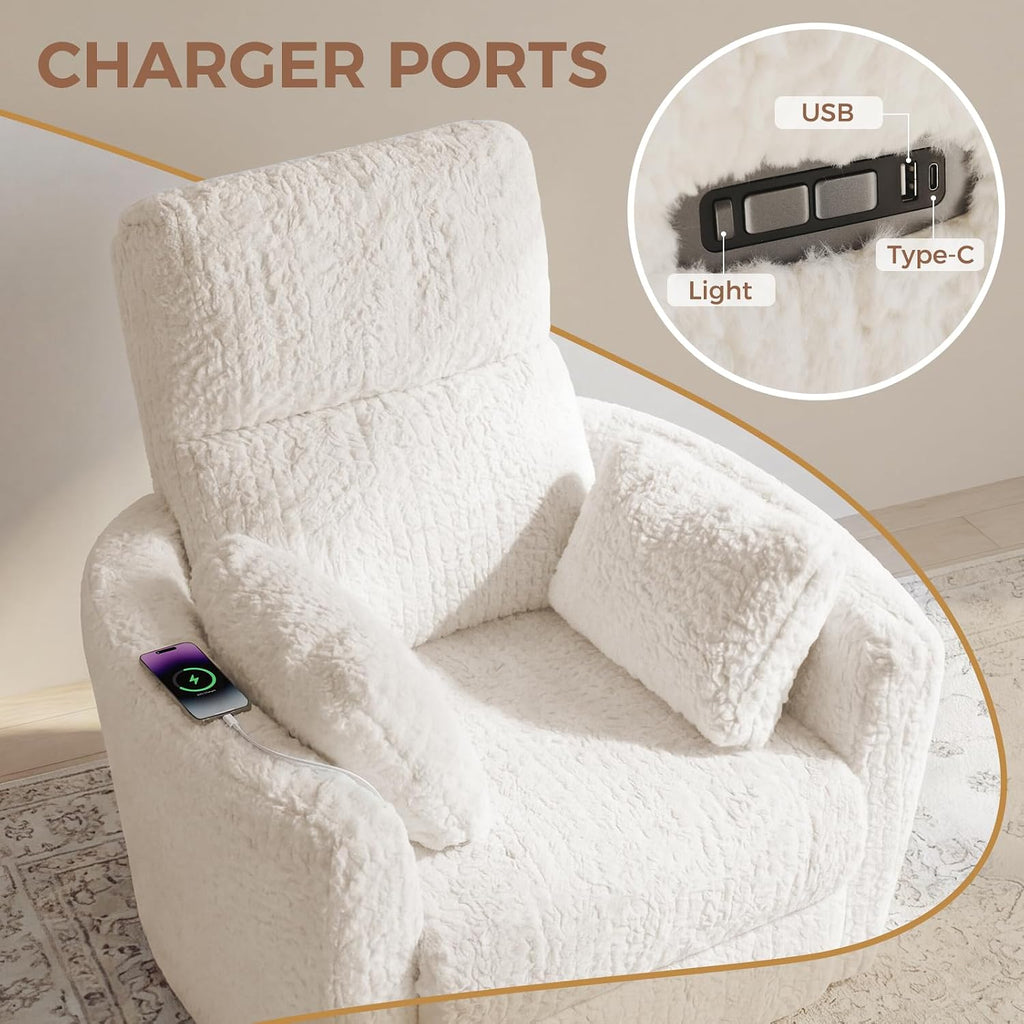Power Swivel Rocker Recliner, Large Glider Rocking Chair, Beige | Fluffy Plush Nursery Chair w/ 2 Pillows, USB and