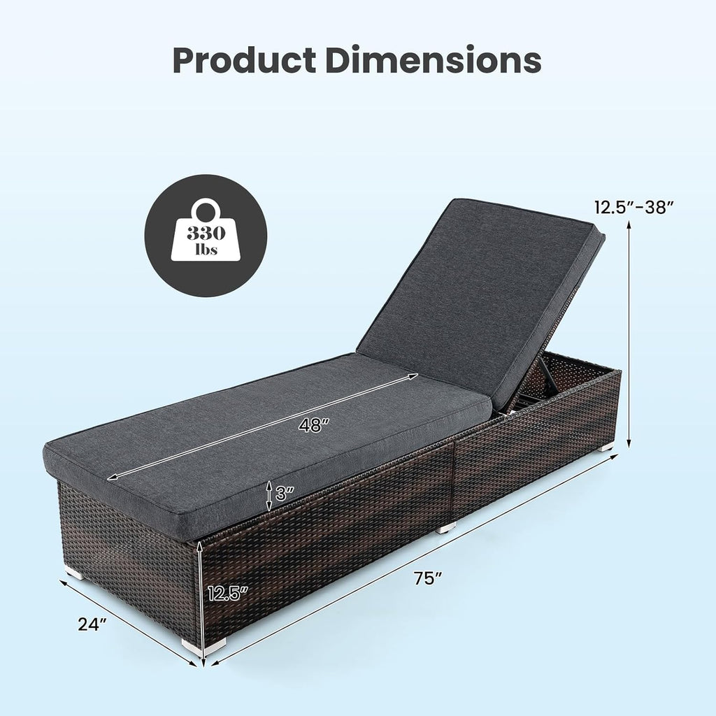 Outdoor Chaise Lounge, Patio Wicker Lounge Chair w/ 4-Level Backrest, Heavy-Duty Metal Frame, Outside Rattan