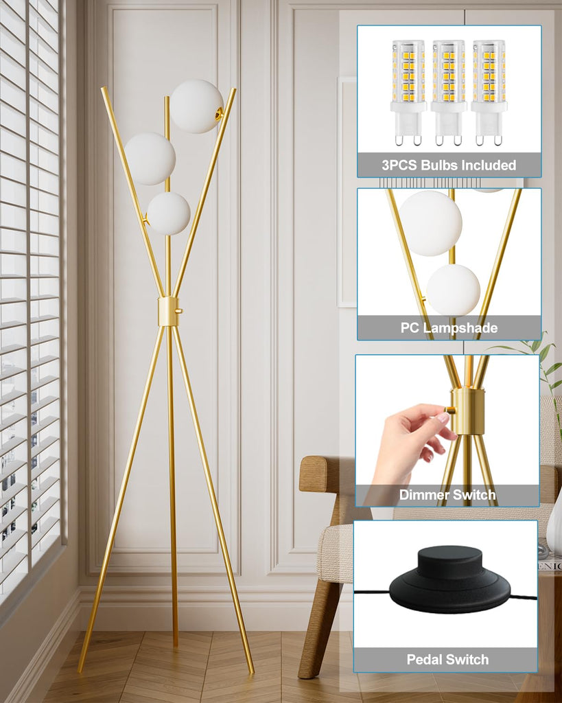 3 Globe Dimmable Tripod Floor Lamp, Mid Century Standing Lamps with 3Pcs 3000K Bulbs Included, Modern Tall Lamp