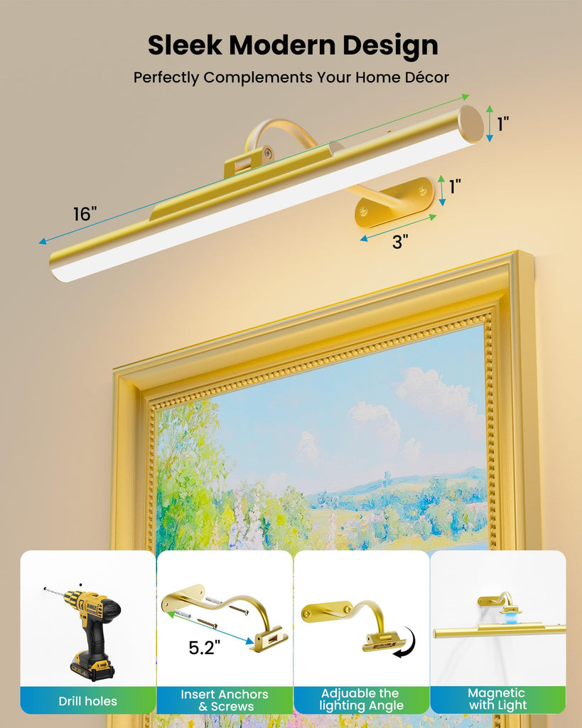 3 Pack Picture Light for Wall Cordless Rechargeable 16in Gold