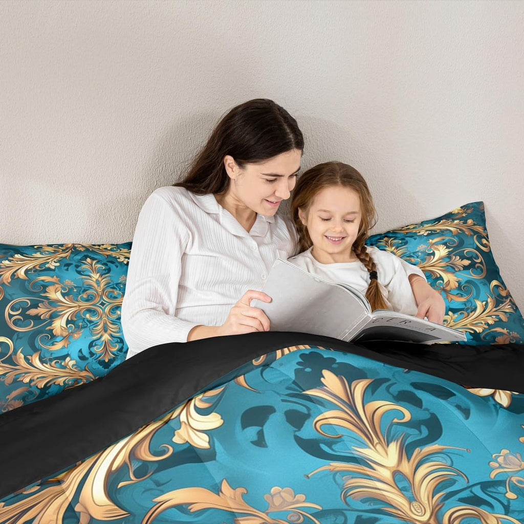 Hippie Damask Print Bedding Set Full Size, Flowers Vintage Fashion Comforter Set for Women Men Adults, Exotic Aztec