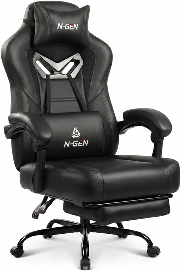 Big & Tall Gaming Chair, Footrest, Lumbar Support, Dark Black | Ergonomic High-Back Chair for Adults, Padded Wide