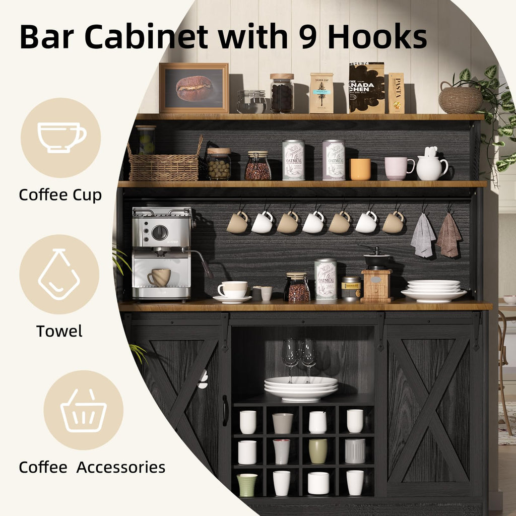 55'' Farmhouse Coffee Bar Cabinet with 3 Tier Storage Hutch, Coffee Bar Station with Sliding Barn Door, Hutch Storage