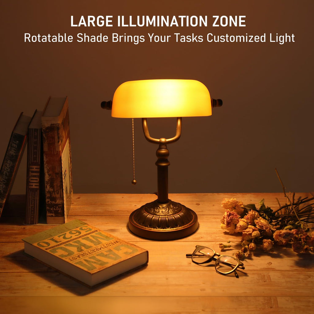 Amber Glass Bankers Desk Lamp with Pull Chain, E26 Base