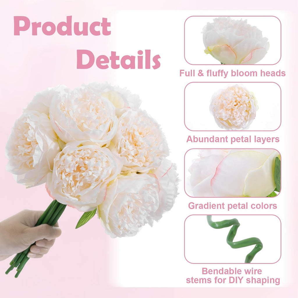 Off White Realistic Silk Peonies Bouquet, Waterproof & UV Resistant Faux Peony Flowers, All-Weather Artificial - Set of 10