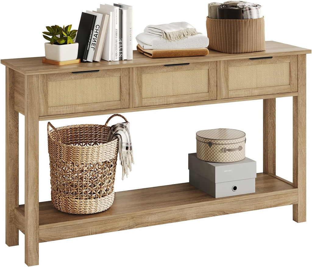 Rattan Console Table 3-Drawer 47" Narrow Wood Entryway Sofa Table | Trendy Boho Hallway Foyer Storage, Open Shelf