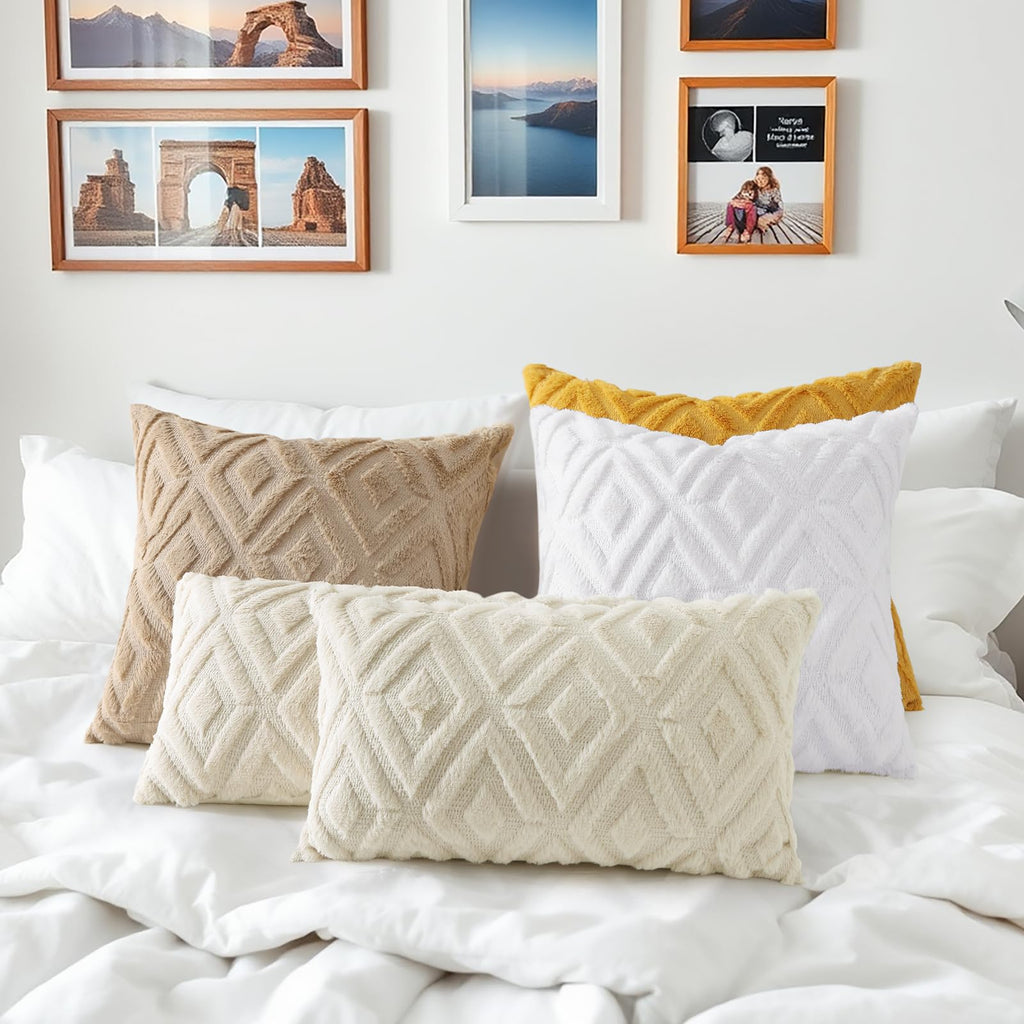 Fall Faux Fur Light Khaki Throw Pillow Covers 12x20 Set of 2