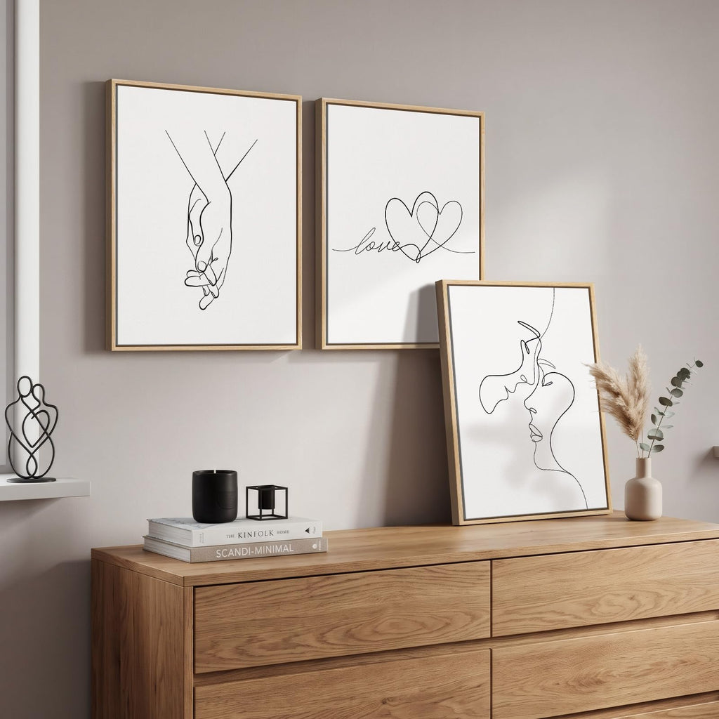 Framed Minimalist Couple Love Heart Line Canvas Wall Art Bedroom, 12x16 In