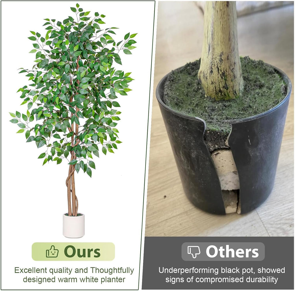 Artificial Ficus Tree 5FT Tall, Faux Ficus Tree Indoor Outdoor, Fake Silk Ficus Plant with Planter, Lifelike Leaves