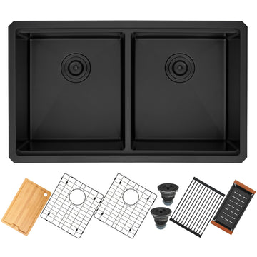 32 Inch 16 Gauge Undermount 50/50 Double Bowl Black Kitchen Sink