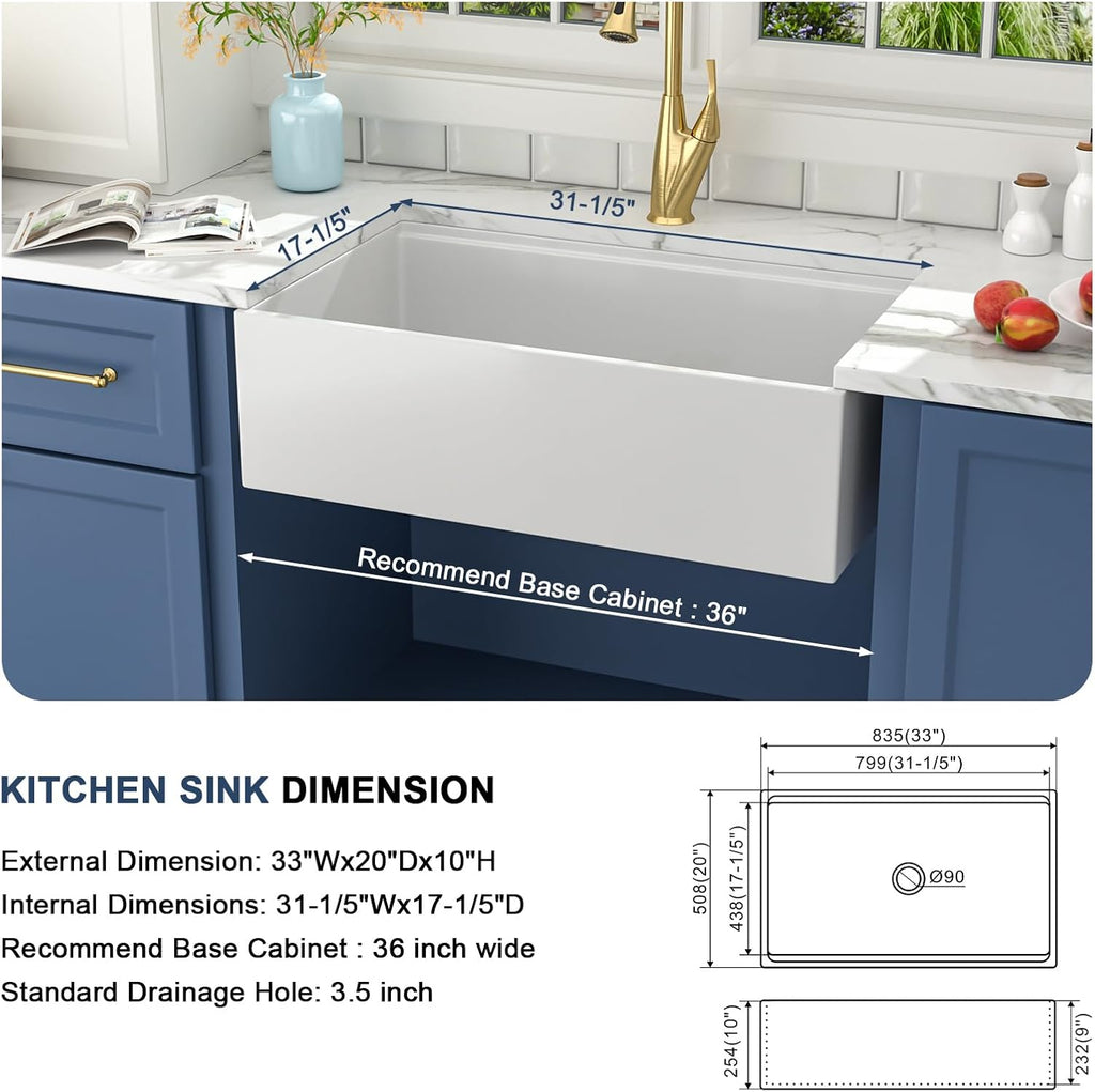 33 Inch White Farmhouse Kitchen Sink Workstation Fireclay Porcelain Ceramic Apron Front Farm Sink Deep Single Bowl