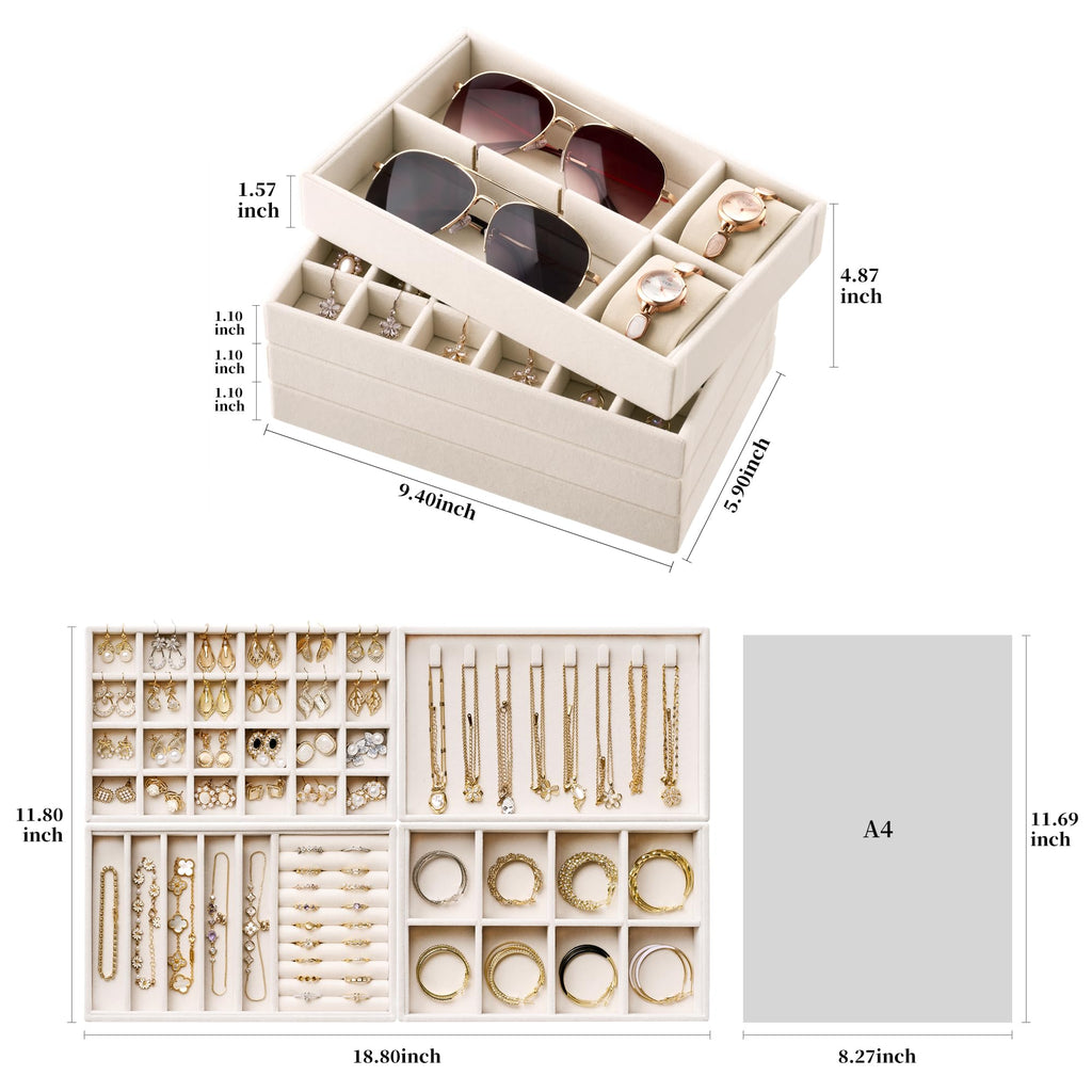 Velvet Jewelry Drawer Organizer Trays - 4-Layer Stackable Jewelry Storage Inserts Set, Beige Jewelry Tray Set for