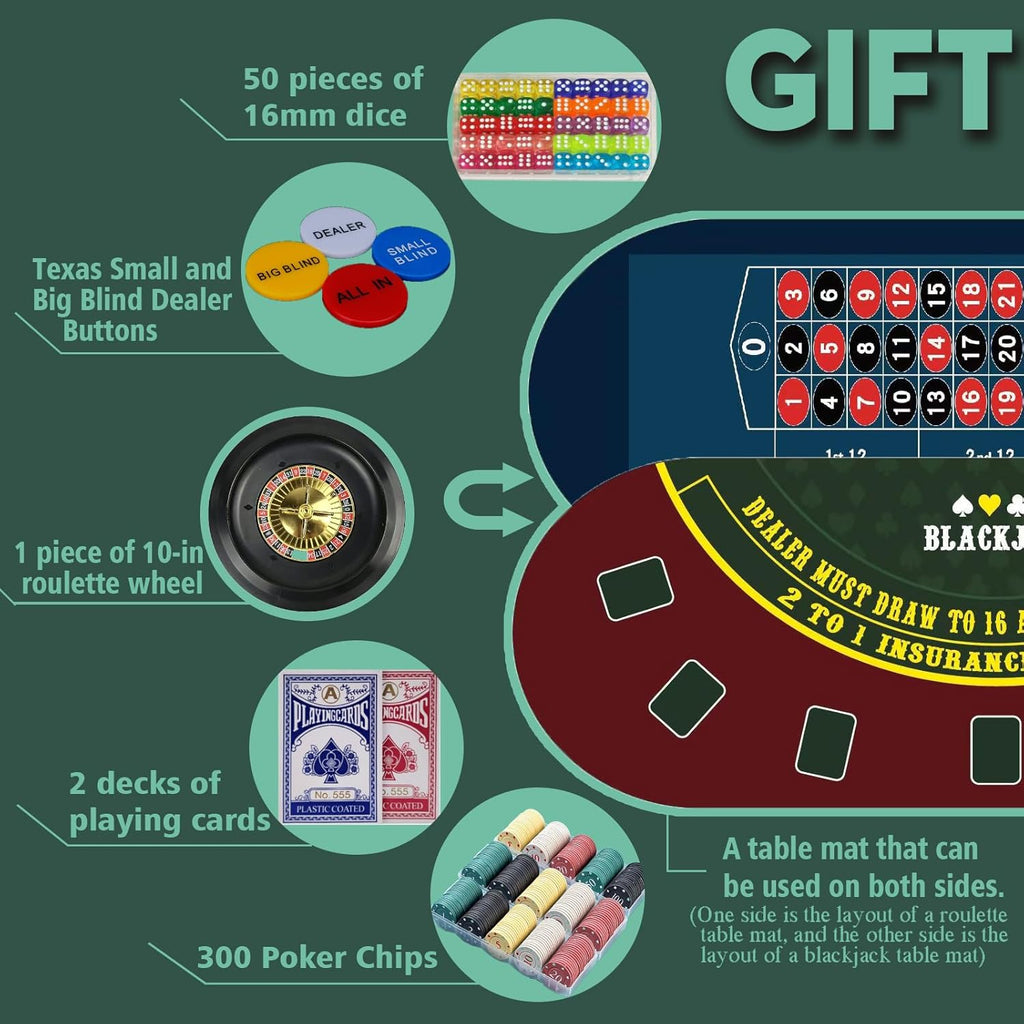 8 Player Foldable Poker Table Top 4-in-1 Casino Game Set for Texas Hold'em, Blackjack, Hi-Lo Dice & Roulette