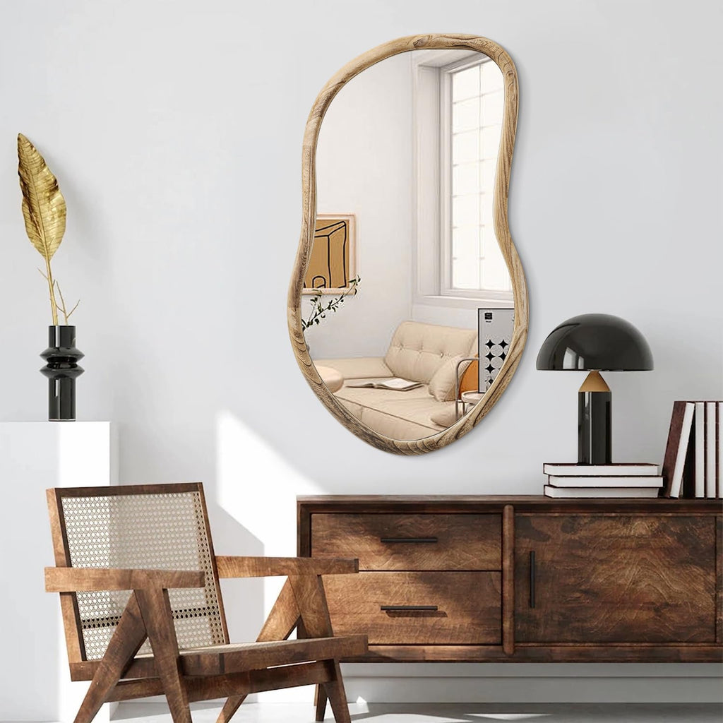 Irregular Wall Mirror Wood Asymmetrical Mirror Large Bathroom Vanity Mirrors Natural Wood Framed Abstract Mirrors for
