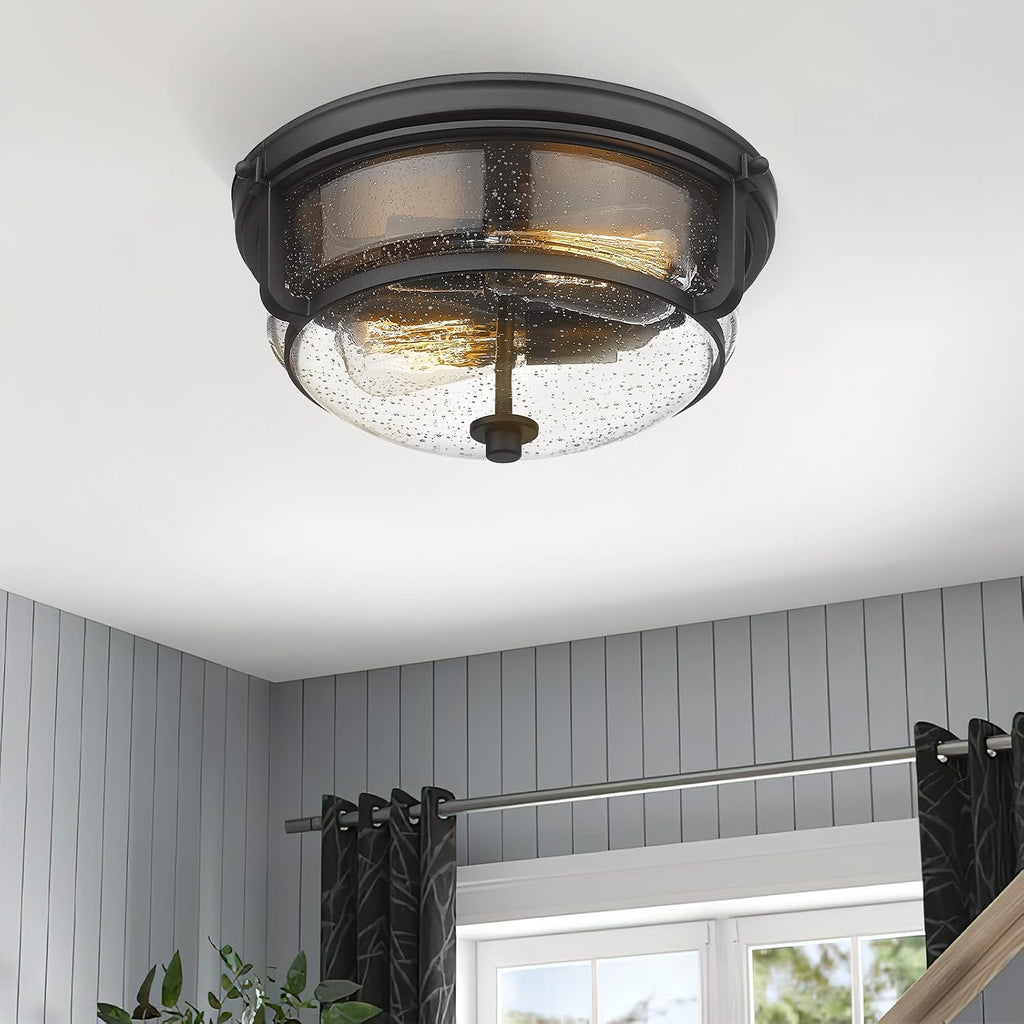 12 Inch Ceiling Light with Seeded Glass Shade - Indoor Outdoor Modern Flush Mount Ceiling Light Fixture, Black Finish