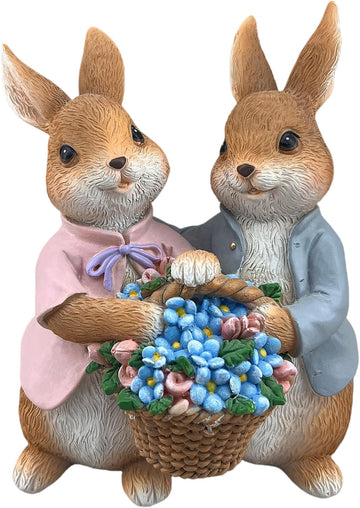 Bunny Statue Resin Flower Basket Rabbit Easter Spring Desk Home Decor Gift