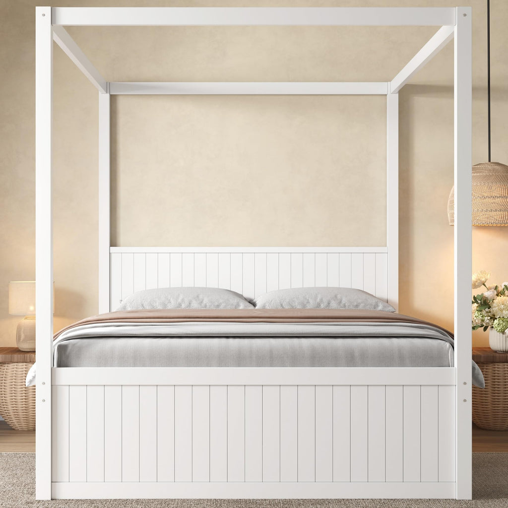 Canopy Bed Frame, Farmhouse Wood 4 Poster Platform Bed with Storage Drawers and Trundle, No Box Spring