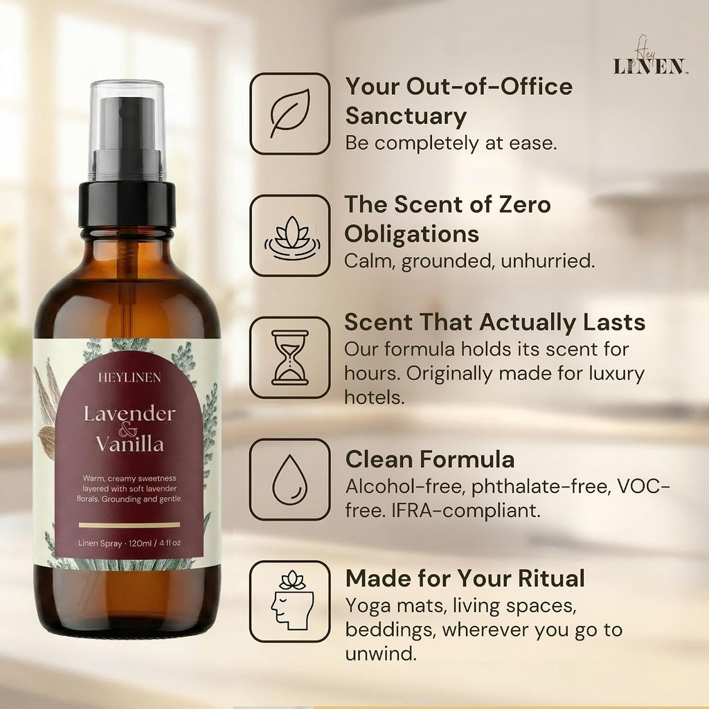 Lavender & Vanilla Linen Spray | Relaxing Aromatherapy Made with Pure Essential Oils | Fabric Freshener for Yoga Mats - Set of 4