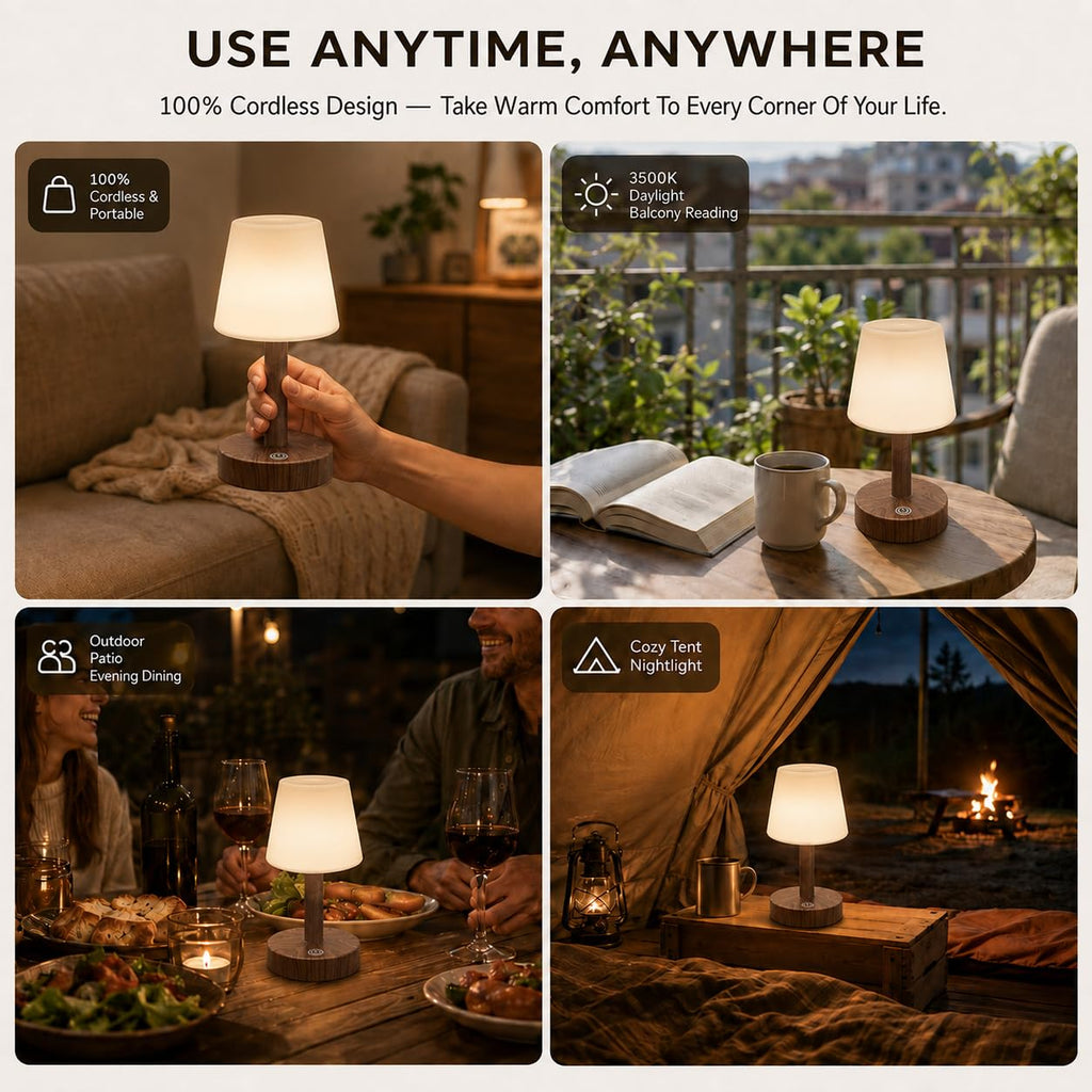 Shower Lamp IP54 Waterproof, Cordless Table Lamp, Dark Wood 2 Pack
