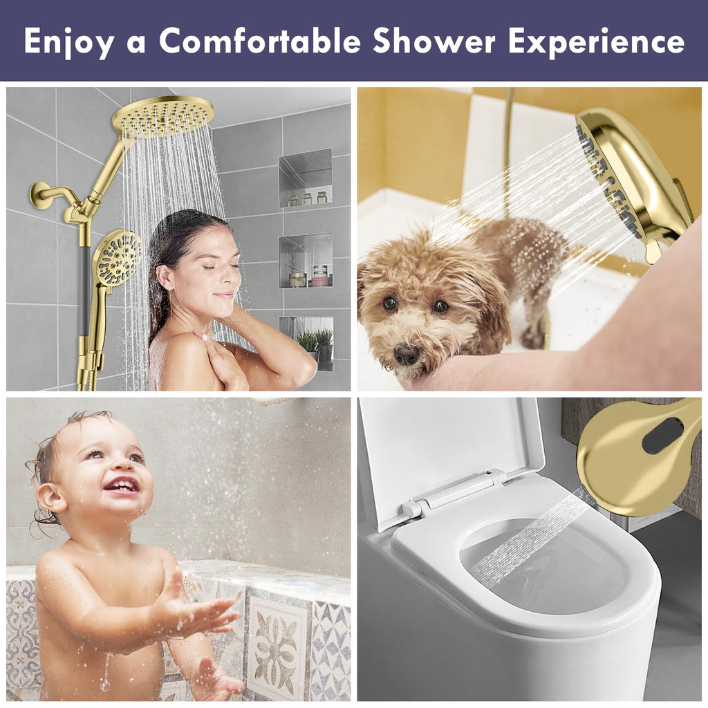 Brushed Gold Dual Shower Heads with 9 Modes Handheld Spray Combo