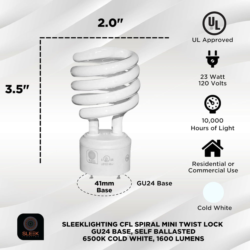 GU24 23W T2 Spiral CFL Light Bulb 6500K Super White 2-Prong