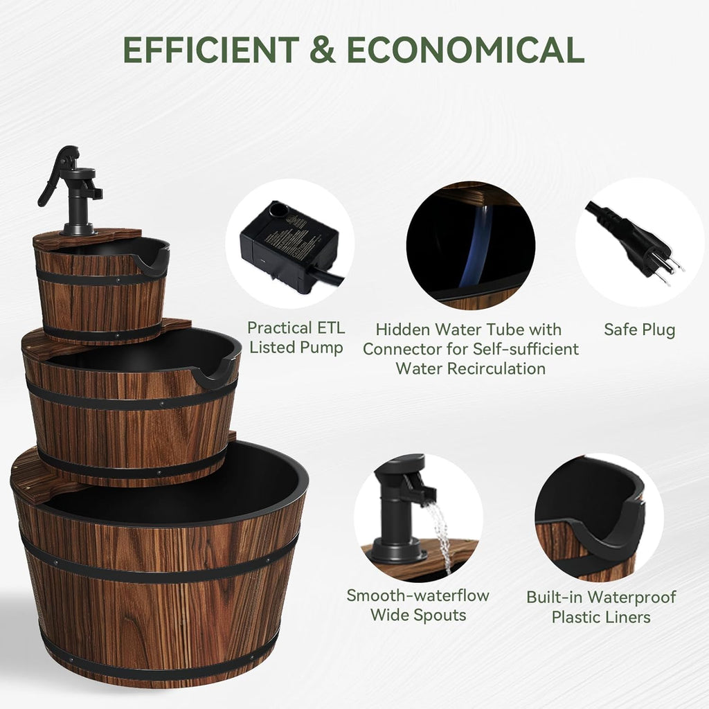 3-Tier Outdoor Water Fountain, Wood Barrel Cascading with Electric Decorative Hand Pump, Rustic Waterfall Fountain