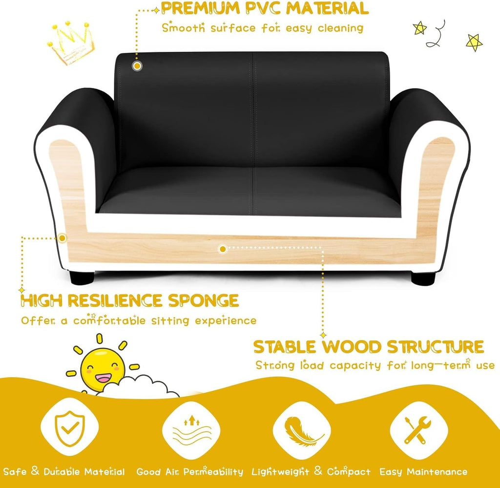 2 Seat Children Sofa with Footstool, Sturdy Wood Construction, Armrest Couch for Preschool Kids, Kid Couch Lounge Bed