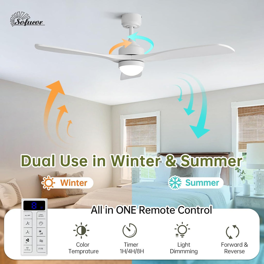52" Smart Ceiling Fan with Lights and Remote Solid Wood - All White