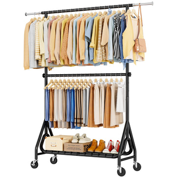 Double Rods Clothing Rack, Heavy Duty Clothes Rack for Hanging Clothes Load 560LBS, Metal Rolling Garment Racks with