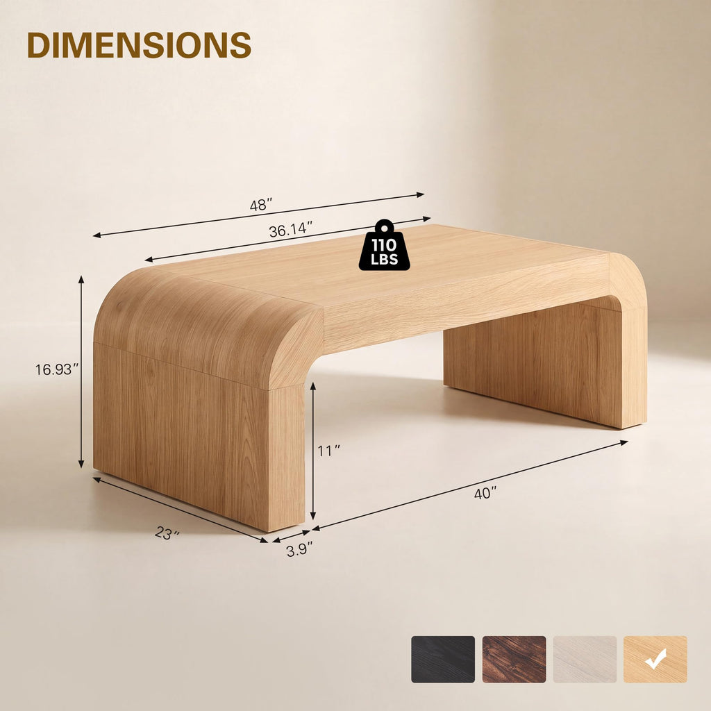 48" Modern Coffee Table, Wooden Curved Center Table, Natural Oak
