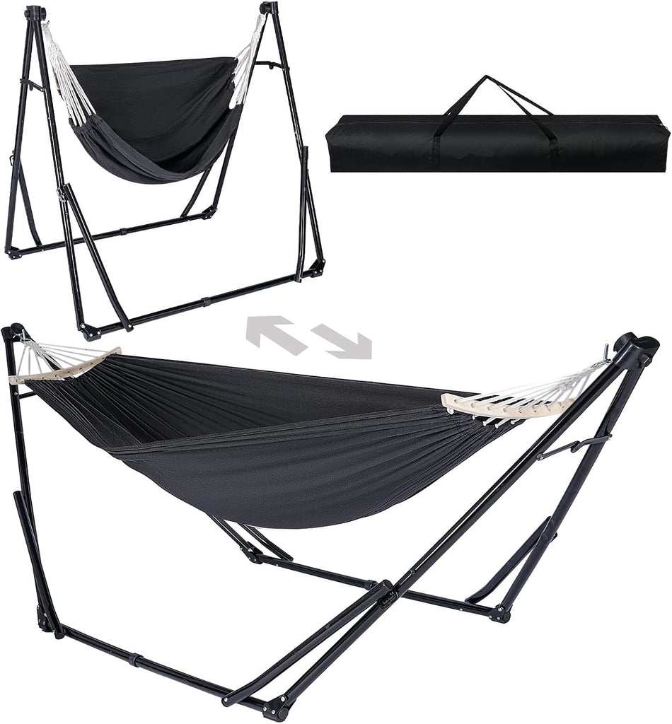 2-in-1 Hammock Chair with Stand, Portable Hammock, Black | Adjustable swing chair for teens with heavy-duty steel