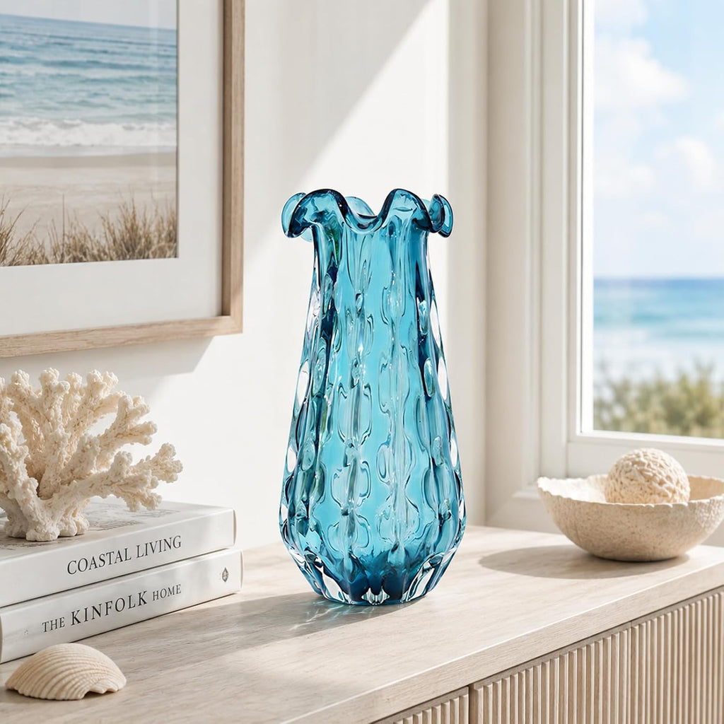 16.7" H Turquoise Glass Vase, Hand Blown Wide Mouth Teal Blue Glass, Murano Style Modern Art, Art Deco Contemporary