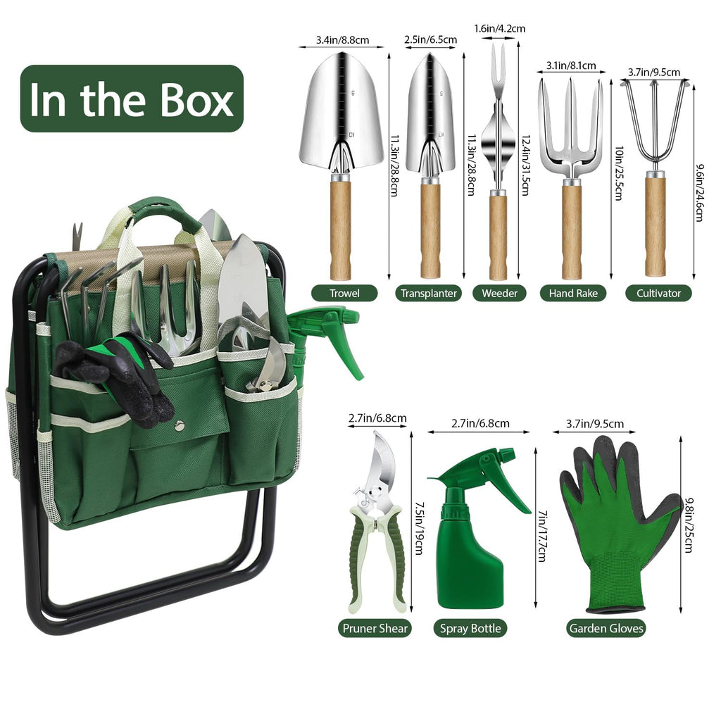 Garden Tool Set, 10 Piece Kit with Heavy Duty Folding Stool, Detachable Storage Tote Bag, Stainless Steel Tools