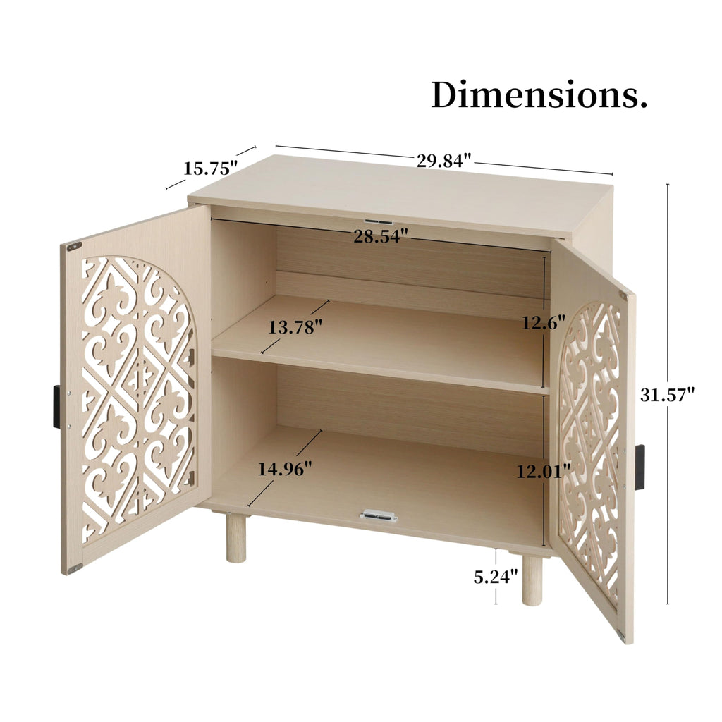 2 Doors Decorative Hollow Carved Storage Cabinet Sideboard, Natural, 1pc.