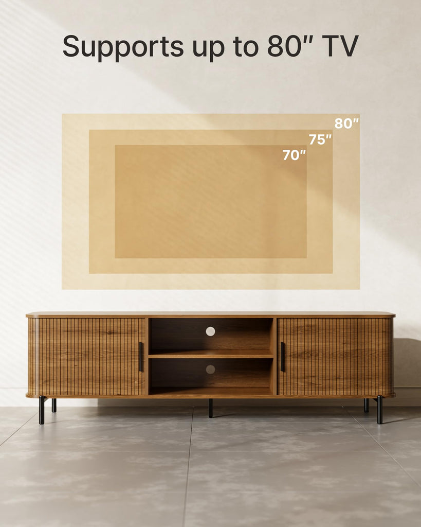 70" Mid-Century Fluted TV Stand with Storage up to 80 Inch, Walnut