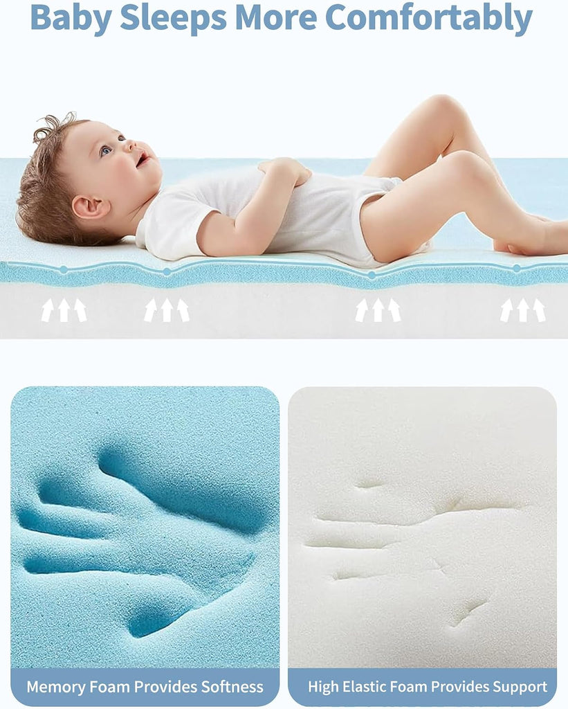 Pack and Play Mattress 38"x26"x3", Plush Memory Foam Crib Mattress Pad with Breathable Cover, Dual Sided Comfort for