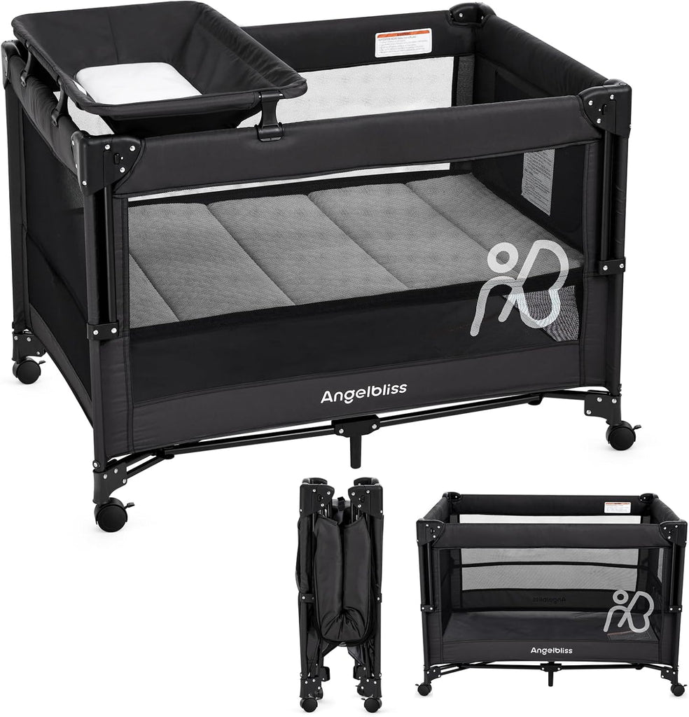 Pack and Play, Baby Bassinet Bedside Crib with Changer, Black | One-push setup, mattress, breathable mesh, adjustable