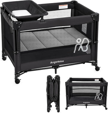 Pack and Play, Baby Bassinet Bedside Crib with Changer, Black | One-push setup, mattress, breathable mesh, adjustable