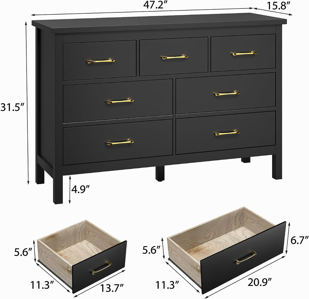 Black Dresser , 7 Drawer Wood Double Dresser with Golden Handles, Wide Chest of Organizer Storage Drawers | Black