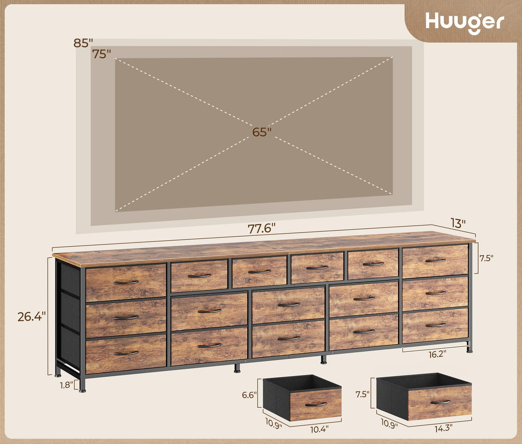 77.6" Long Dresser, 16 Drawer Fabric Dresser for Closet, Wide Chest of Drawers with Storage, TV Stand for 65, 75, 85