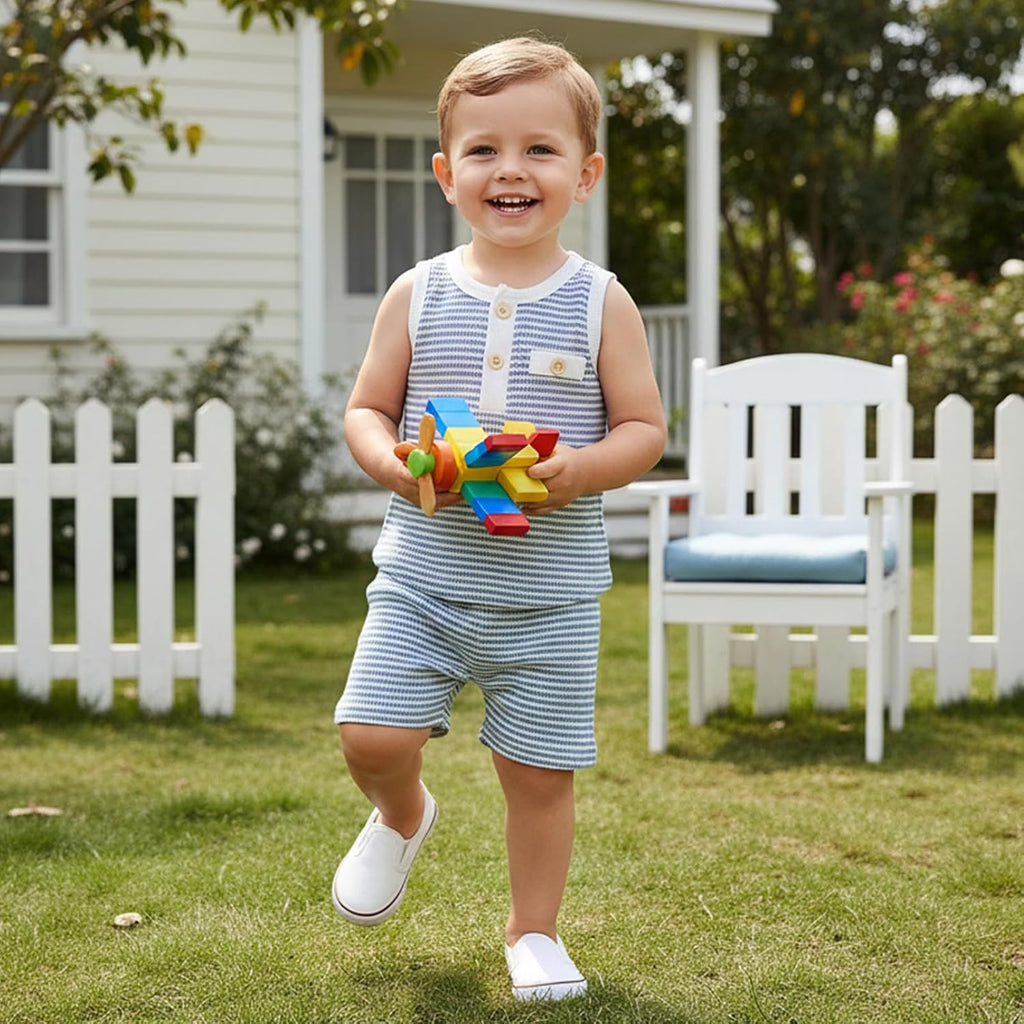 Toddler Baby Boy Stripe Waffle Sleeveless Shirt Shorts Set
