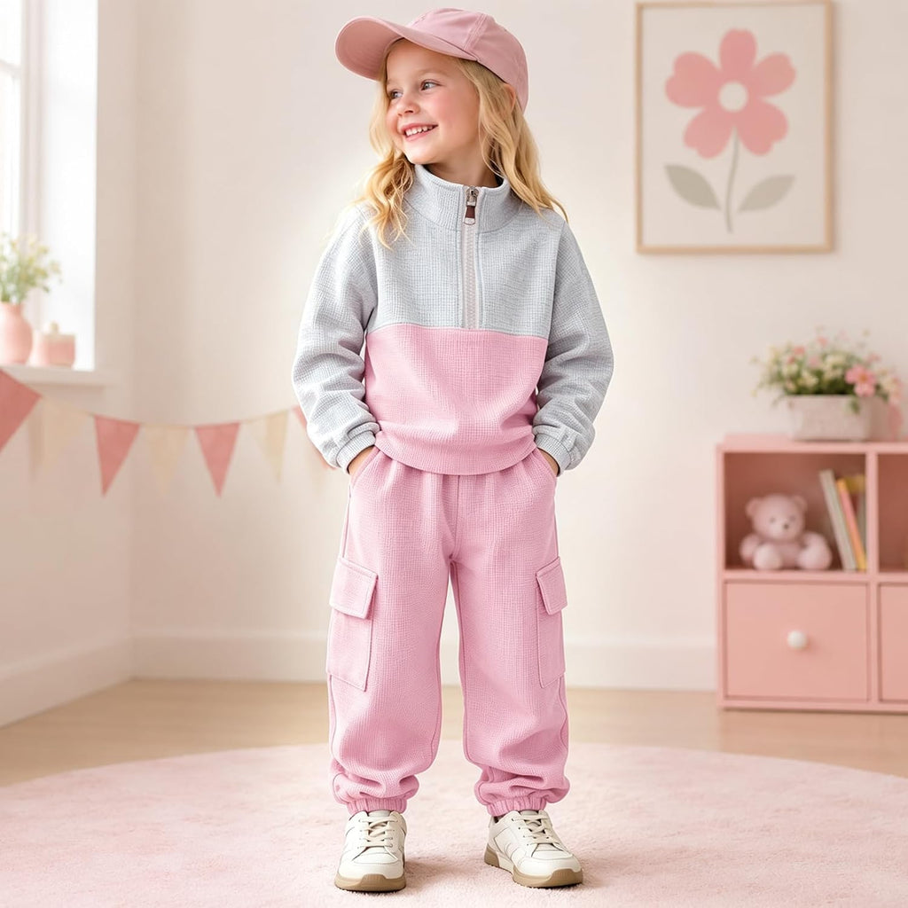 Toddler Girl Clothes Fall Outfit Half Zip Waffle Sweatshirt Cargo Pants Set