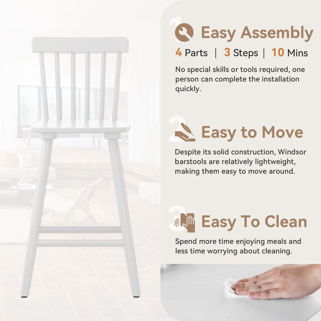 Windsor Wooden Bar Stools Set of 2 Island, Farmhouse 24 Inch Counter Height Stools Chairs with Spindle Back, White