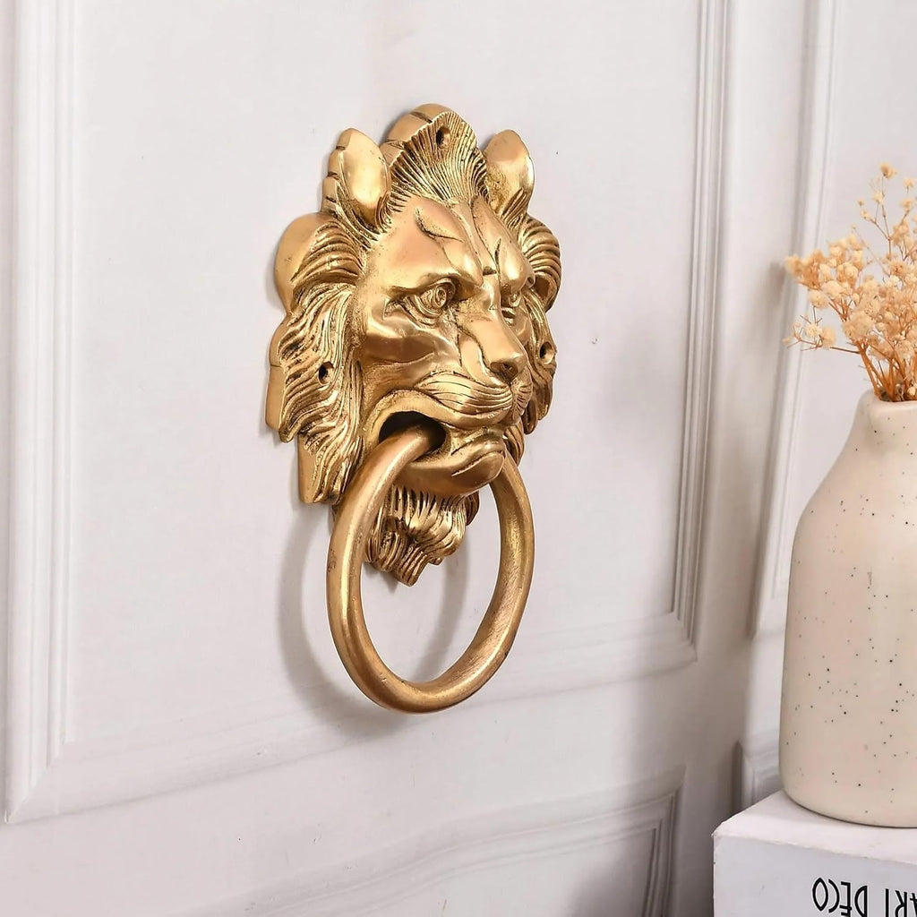Lion Head Brass Door Knocker Authentic Vintage Unique Front Door Holder with Gold Finish Rare Solid Door Accessories