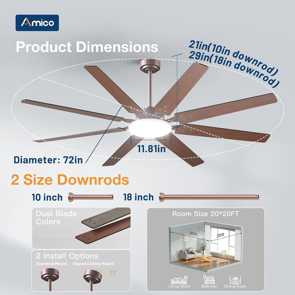 72 inch Farmhouse Bronze Ceiling Fan with Light, Large Energy Efficient Ceiling Fans with Remote, Reversible DC Motor